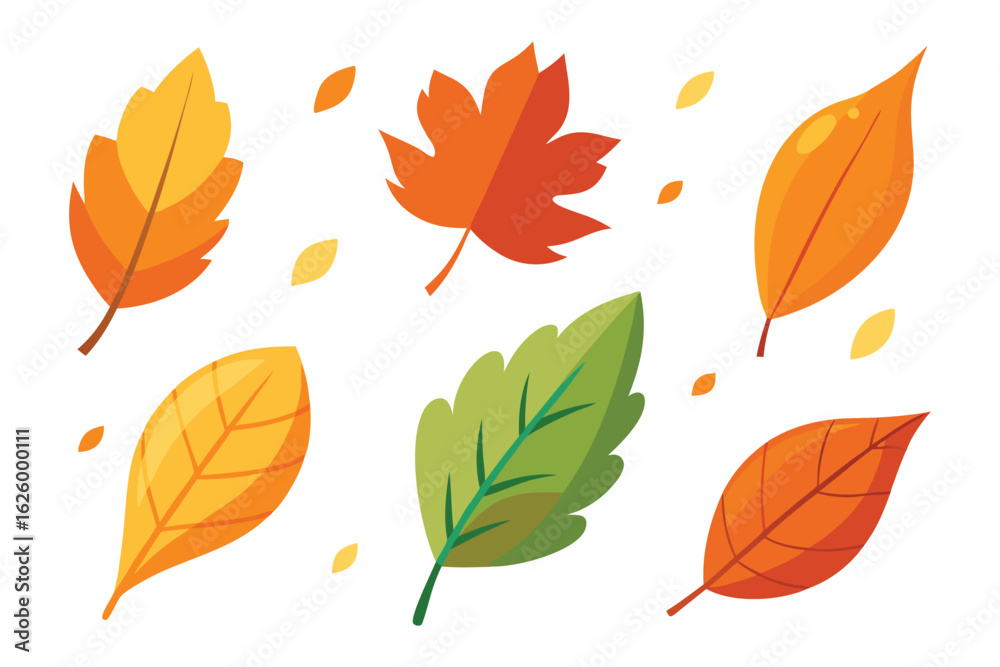 Fototapeta premium Falling leaves set isolated flat vector illustration white background.