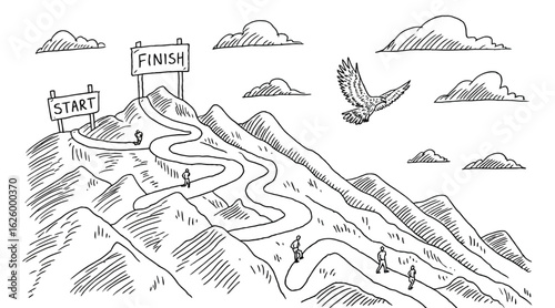 Vector silhouette of people walking winding mountain path labeled “Start” and “Finish” with eagle flying overhead, symbolizing journey and perseverance