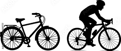 Two bicycles side by side one stationary and one with a cyclist silhouette