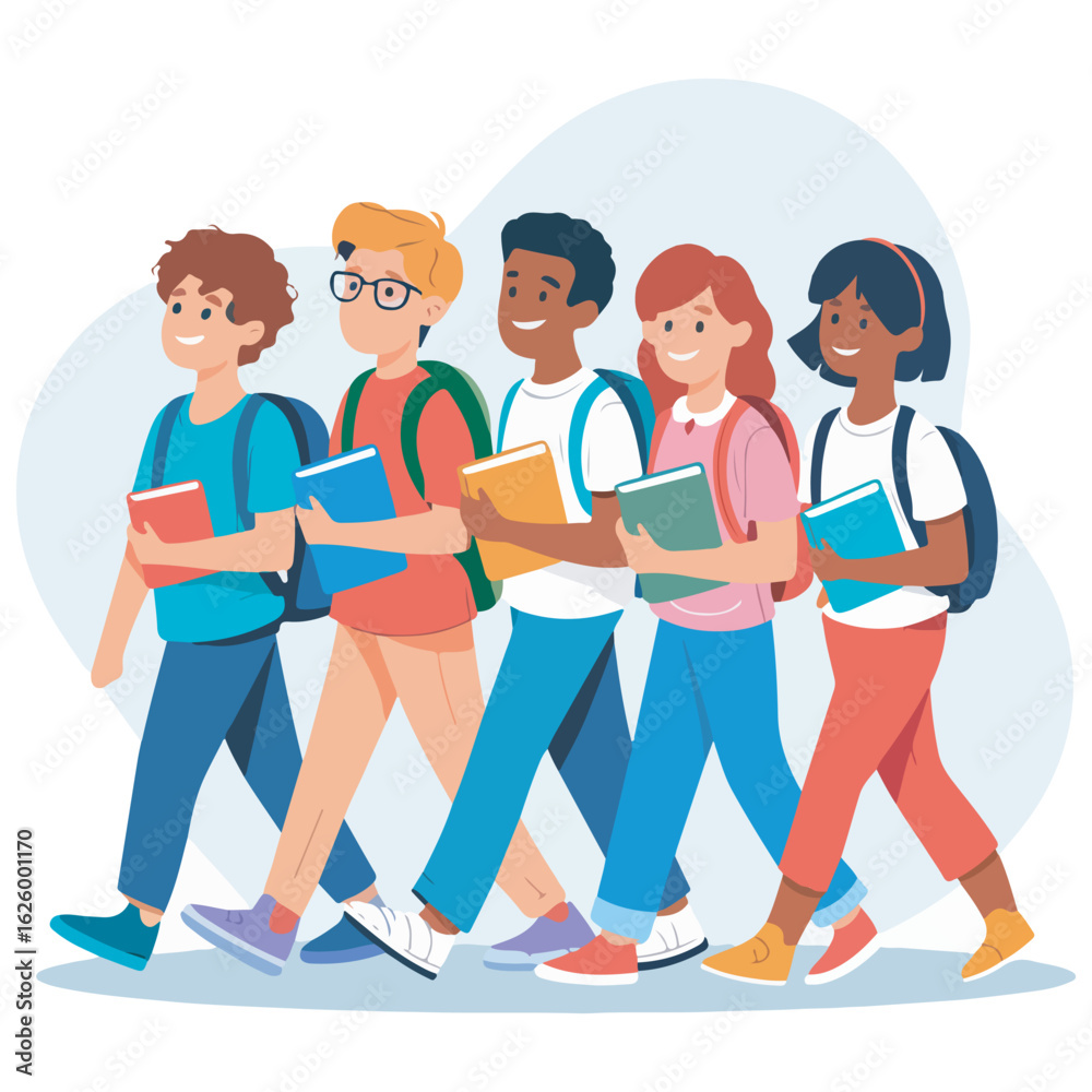 Fototapeta premium Multicultural Students Walking to School with Books – Back to School Vector Illustration