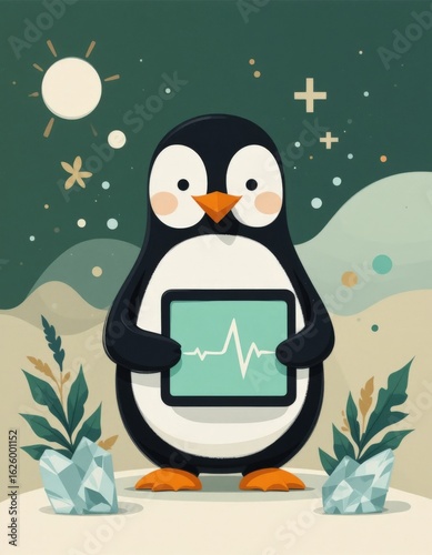 Adorable Cartoon Penguin Holding Heart Rate Monitor Illustration for Healthcare or Wellness Design