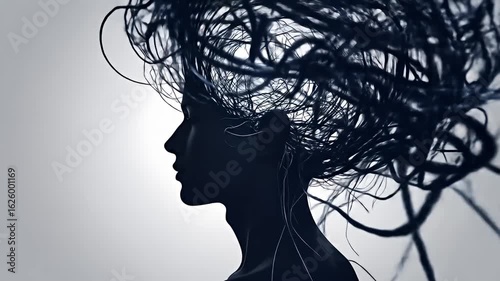 Silhouette of a person with chaotic, abstract hair against a soft, light background