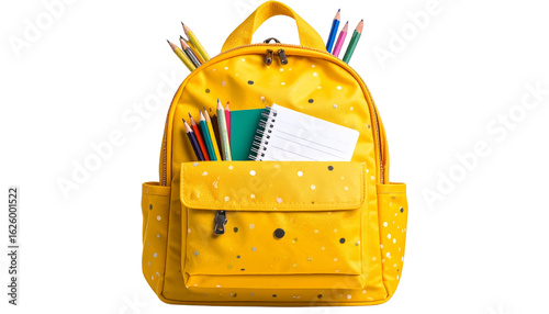 school backpack school bag stuffed with notebooks pencils school stationary isolated on transparent background png school editing elements