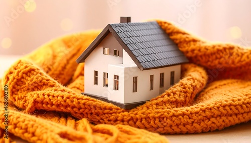 Cozy small house model nestled in a warm, knitted scarf