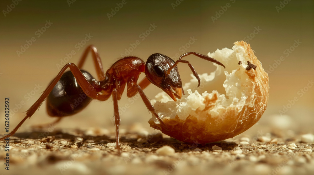 Detailed macro photo of ant eating crumb of bread Detailed macro photo of ant eating crumb of bread
