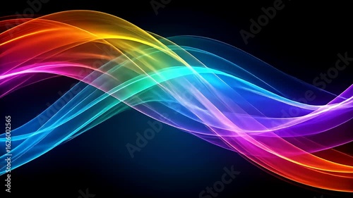 Vibrant, curving light streams flow against a dark background, creating a modern abstract
