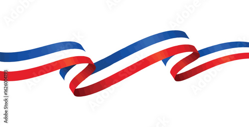 Vector ribbon illustration in blue, white, and red horizontal stripes, wavy design isolated on white background for patriotic concepts