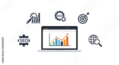 Digital marketing strategy with SEO optimization and data analysis for business growth, visualized on a laptop screen.