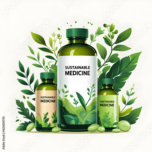 kesehatan, obat, herbal, alami, suplemen, vitamin, botol, ramah lingkungan, berkelanjutan, daun, tumbuhan, organik, farmasi, medis, hijau, kemasan, produk, ilustrasi, render 3D, studio, latar belakang