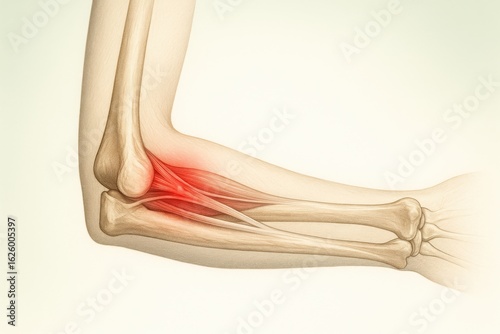Side elbow anatomy with red glow at medial epicondyle, ideal for illustrating medial epicondylitis (golfer’s elbow) or ulnar nerve entrapment in clean clinical medical visuals.