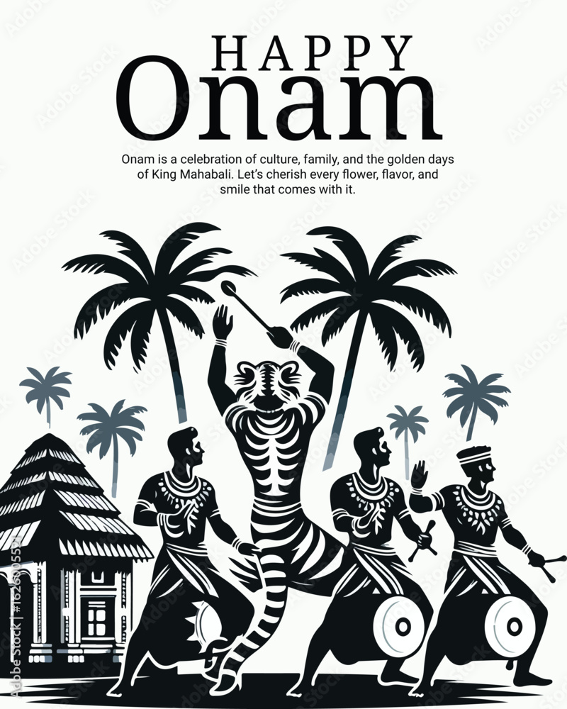 Naklejka premium Onam Festival Illustration – Kerala Cultural Celebration with Pookalam, Kathakali and Boat Race