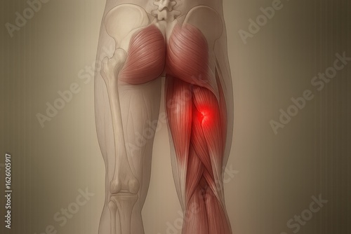 Posterior thigh anatomy with red glow at biceps femoris rupture near ischial tuberosity, ideal for illustrating hamstring strain or high-grade tear in sports and medical visuals.