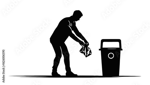 Silhouette of Man Disposing Trash into Bin on White Background

