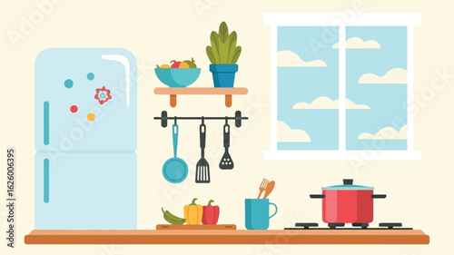 Vector kitchen interior with refrigerator, stove, utensils, shelf, and vegetables in flat design style with sunny window and countertop
