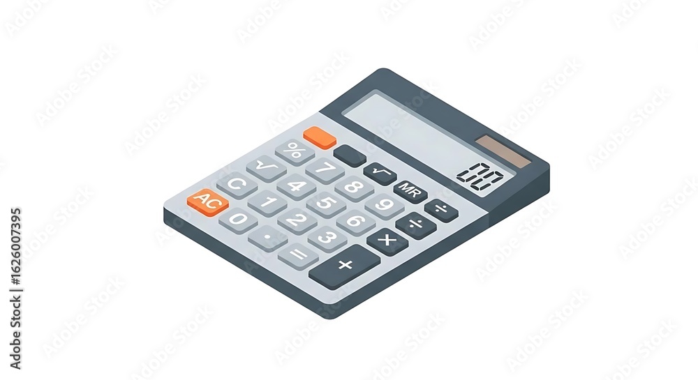 Isometric view of a gray and white calculator with orange accents on a white background Isometric view of a gray and white calculator with orange accents on a white background