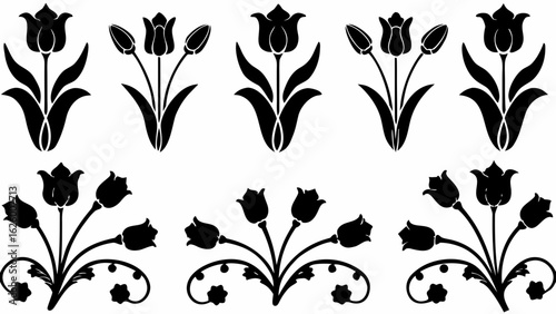 Floral arrangement featuring stylized tulip flowers and buds in a symmetrical black and white design element