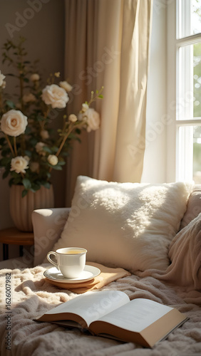 Cozy Reading Nook with Tea, Open Book, and Soft Natural Light