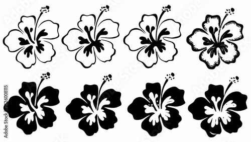 Illustration of eight hibiscus flowers in black and white with varying styles and arrangements shown here