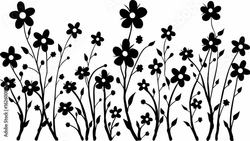 A collection of black flower silhouettes on a white background with various stem and leaf arrangements