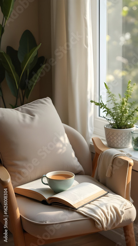 Cozy Reading Nook with Tea, Open Book, and Soft Natural Light