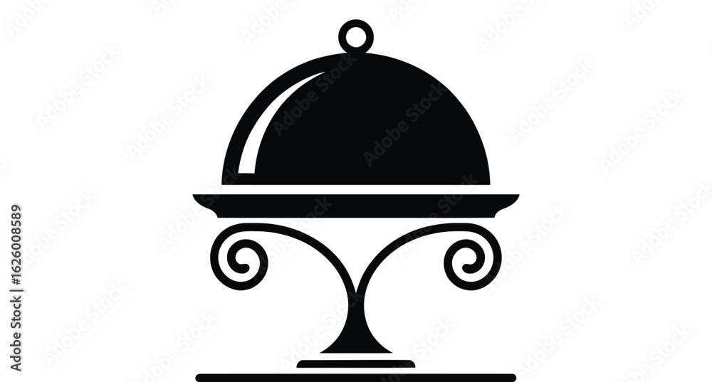 Fototapeta premium gourmet cloche food icon—black silhouette of elegant dish cover on ornate stand, minimalist vector for restaurant or hospitality themes