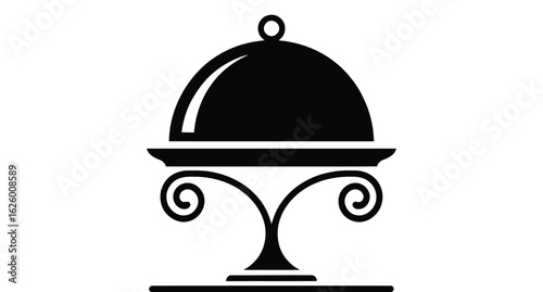 gourmet cloche food icon—black silhouette of elegant dish cover on ornate stand, minimalist vector for restaurant or hospitality themes