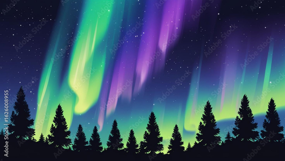 Naklejka premium aurora borealis over forest night scenery