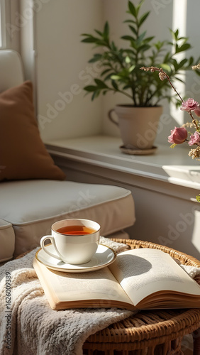 Cozy Reading Nook with Tea, Open Book, and Soft Natural Light