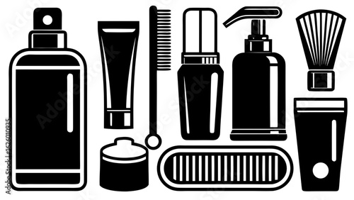 A collection of various grooming and hygiene products displayed in a simple black and white design created with generated ai