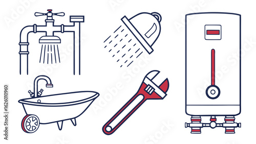 Illustration of plumbing fixtures including a shower head, bathtub, wrench, and water heater unit created with generated ai