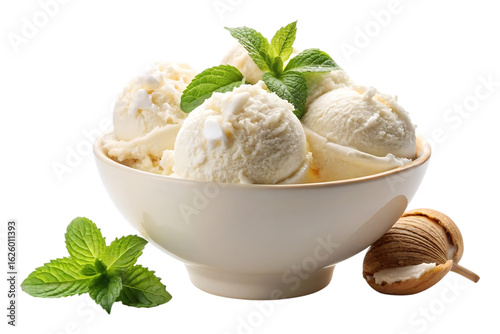 delicious bowl of coconut ice cream isolated on a transparent background