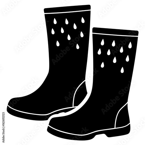 Black rain boots with white raindrops rubber boots