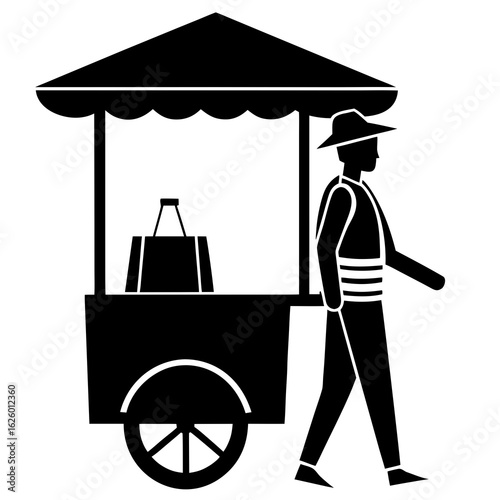 Black silhouette of a street vendor with a cart white