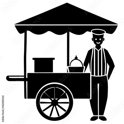 Black silhouette of street food vendor with cart food stall