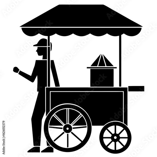 Black silhouette of street food vendor with cart vector