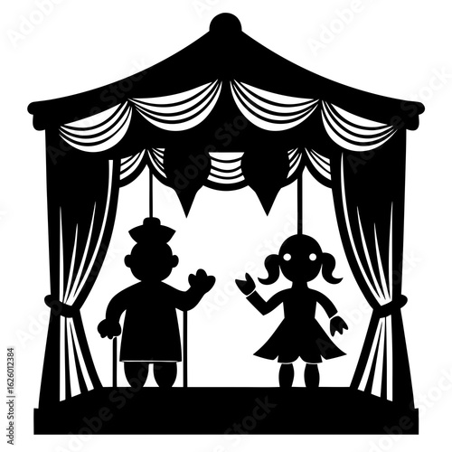 Black silhouette puppet show stage with figures white