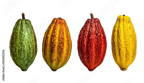 Four vibrantly colored cacao pods arranged in a horizontal row