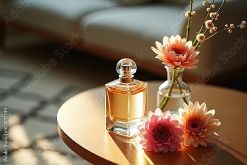Elegant Glass Perfume Bottle with Floral Accents on Wooden Table � Romantic Interior Aesthetic