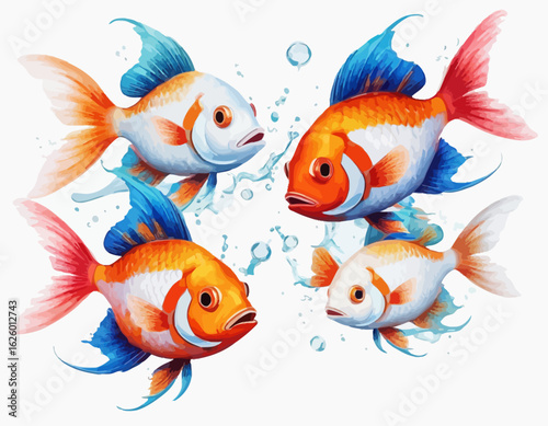  The fish are rendered in a realistic, illustration style with rich orange and gold colors and subtle shading that gives them a three-dimensional quality.
