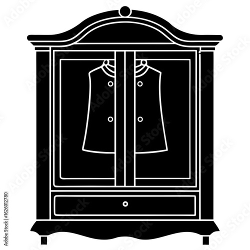 Black wardrobe with coat inside closet cabinet