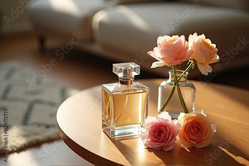 Elegant Glass Perfume Bottle with Floral Accents on Wooden Table � Romantic Interior Aesthetic