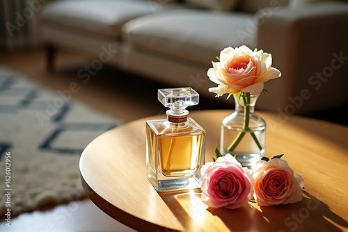 Elegant Glass Perfume Bottle with Floral Accents on Wooden Table � Romantic Interior Aesthetic