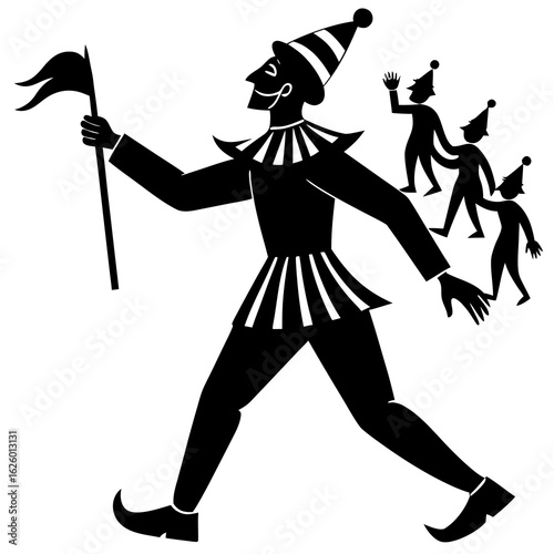 Festive clown leads parade procession walking flag