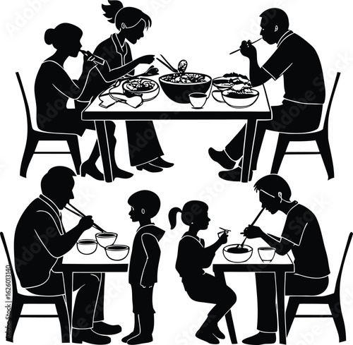 Silhouettes of a multi generational family enjoying a meal together at a dining table