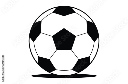 black and white illustration of classic soccer ball with pentagon and hexagon pattern, minimal sports icon ideal for games or athletic themes