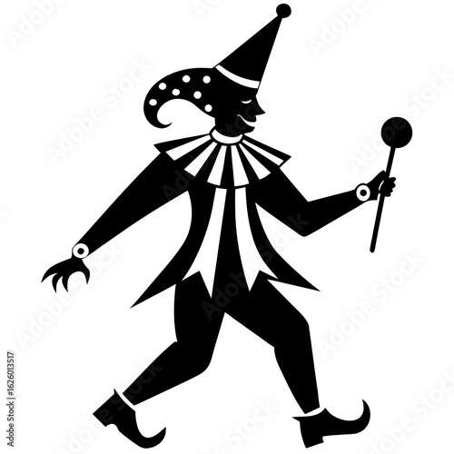 Polka dot clown walking with stick parade black