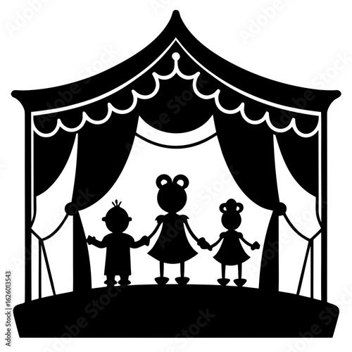 Puppet show stage with figures black white