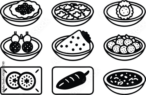 Collection of nine hand drawn black and white icons representing various food dishes and ingredients in bowls
