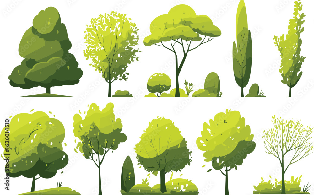 Fototapeta premium A Verdant Symphony of Trees: A vibrant array of lush, stylized trees in various shapes and sizes, creating a lively and artistic representation of nature's beauty.