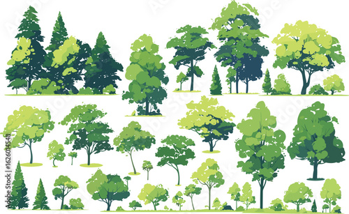 Diverse Tree Collection: A vibrant assortment of stylized trees and bushes in a serene woodland setting, perfect for illustrating environmental concepts.